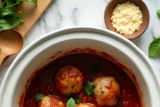 "Slow cooker turkey meatballs in marinara sauce with fresh basil garnish on a clean marble countertop"