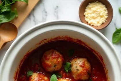 "Slow cooker turkey meatballs in marinara sauce with fresh basil garnish on a clean marble countertop"
