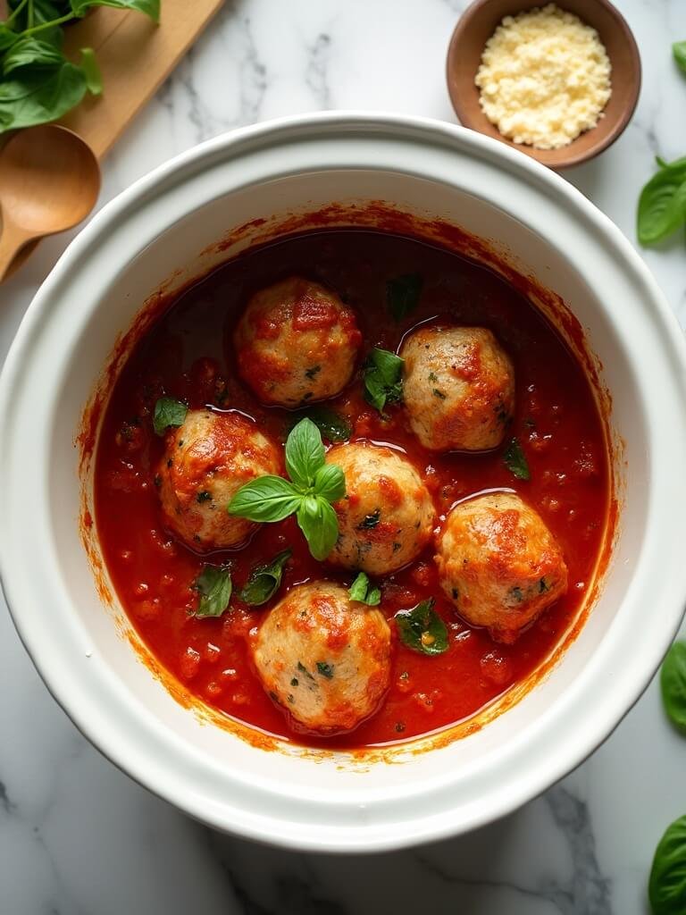 "Slow cooker turkey meatballs in marinara sauce with fresh basil garnish on a clean marble countertop"