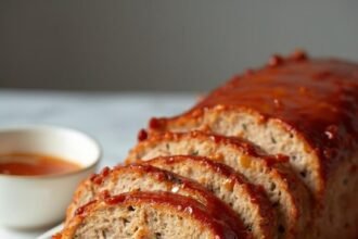 "Sliced turkey meatloaf with ketchup glaze on a white ceramic platter"