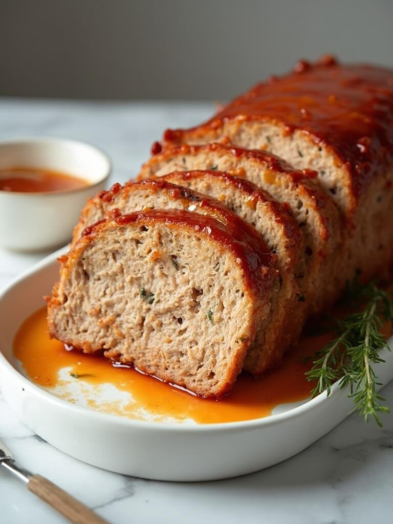"Sliced turkey meatloaf with ketchup glaze on a white ceramic platter"