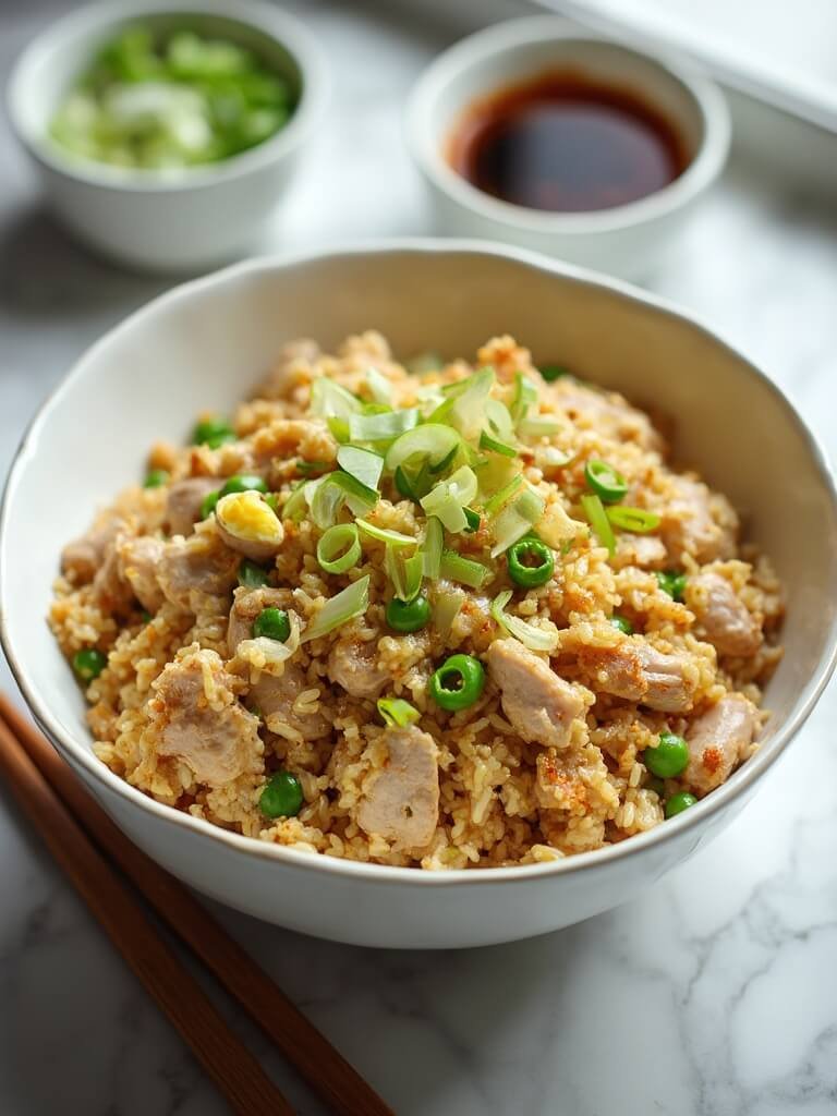 "Overhead shot of turkey mince fried rice with scrambled eggs, peas, and spring onions in a white bowl, with soy sauce and sesame oil in the background"