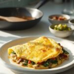 "Overhead shot of a vegetable omelet with mushrooms, peppers, spinach, and cheese on white plate in a kitchen setting"