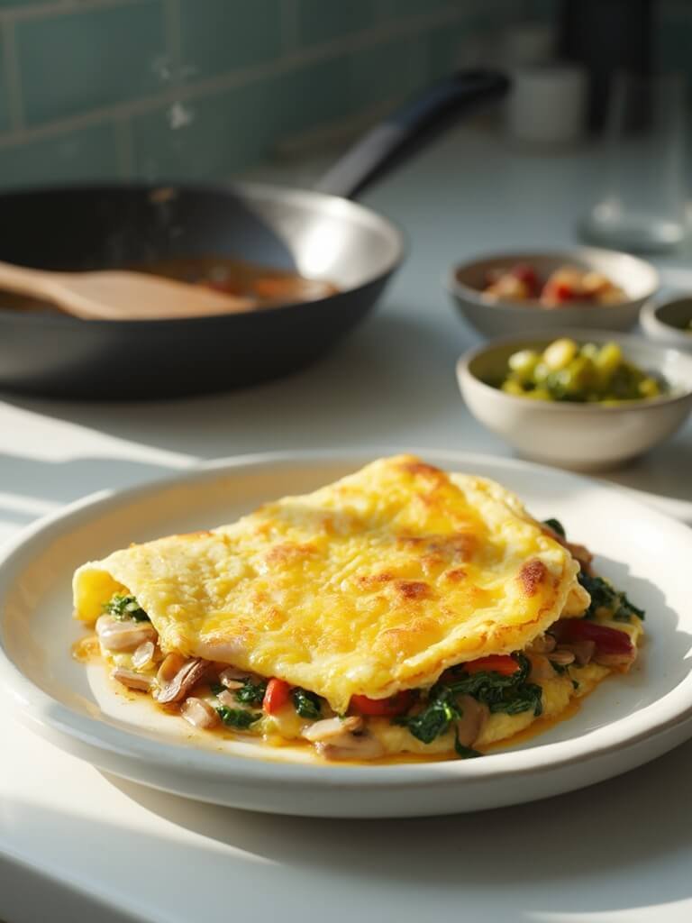 "Overhead shot of a vegetable omelet with mushrooms, peppers, spinach, and cheese on white plate in a kitchen setting"