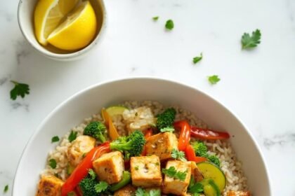 "Overhead view of vegetable and tofu stir-fry with brown rice in a white bowl on a marble surface, garnished with fresh parsley and accompanied by bamboo chopsticks and a ramekin of lemon wedges"
